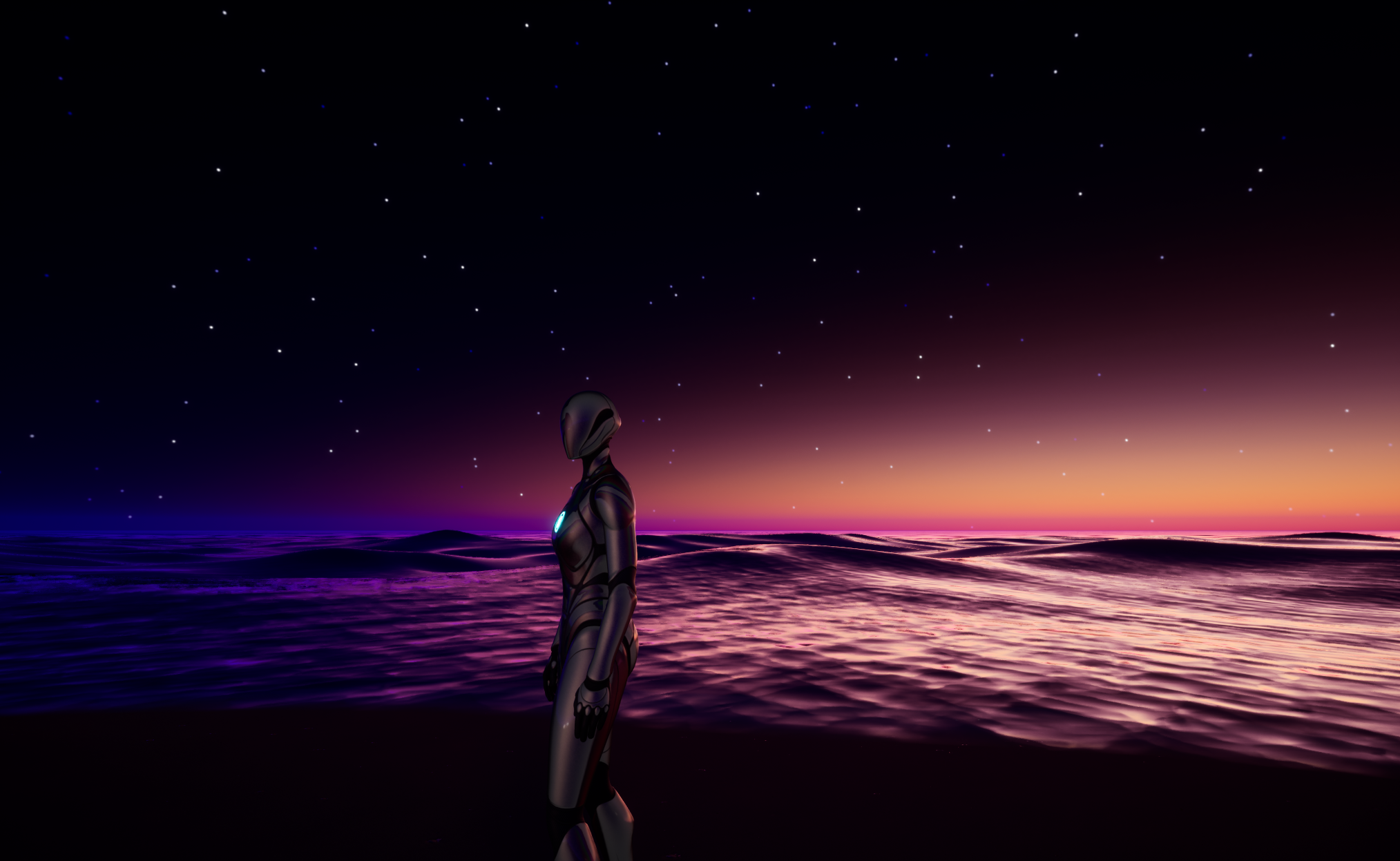 An android woman standing on the coast with a sunset and stars